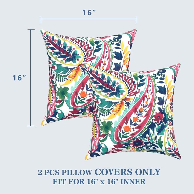 LVTXIII 2 Pack Outdoor Throw Pillow Covers for Patio Furniture, 16x16 Inch Square Pillow Case, Water-Repellent Cushion Covers for Garden, Porch, Sofa, Vigour Paisley