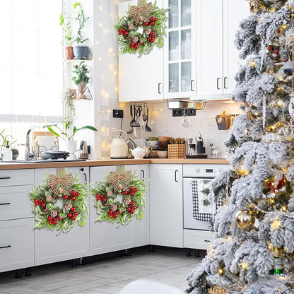 Dingion 8 Pcs Small Christmas Wreaths for Cabinet Kitchen Decor Mini Artificial Wreath 9 Inch Faux Garland with Burlap Ribbon for Vintage Retro Home Table Candle Porch Window Indoor Outdoor Decor