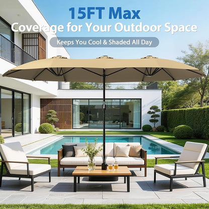 HOPERAN 15FT Patio Umbrella with Base Included, Large Outdoor Double-Sided Rectangle Table Umbrella with Easy Crank Lift, Market Umbrella for Backyard, Pool&Garden