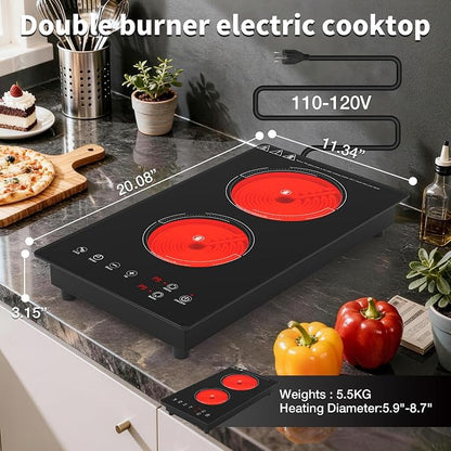VBGK Electric Cooktop,110V 2100W Electric Stove Top with LED touch Control,9 Power Levels, Kids Lock & 4H Timer,Overheat Protection stove,12 Inch 2 burner cooktop