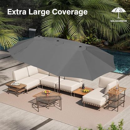 15ft Double Sided Patio Umbrella with Solar Lights, Outdoor Large Umbrellas with Crank Handle and 36 LED Lights, Rectangular Market Umbrella with Base Included for Deck Pool Shade (With Base)