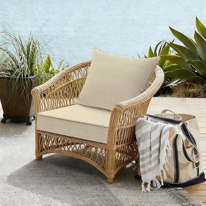 DYTXIII Outdoor Deep Seat Cushion Set, Water Repellent 22"x22" Patio Thick Cushions Replacement with Seat & Back Pillow for Patio Sofa, Wicker Chair, Couch - Stripe Beige