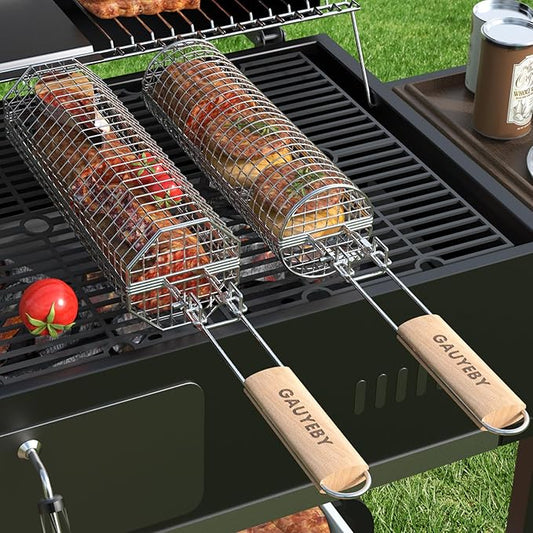 Rolling Grill Basket, 2PCS Grill Baskets for Outdoor Grill, REMOVABLE HANDLE, Anti-Scorch Stainless Steel BBQ Net Tube for Meat, Shrimp, Vegetables, BBQ Gifts for Dad, Husband (Octagon+Round)