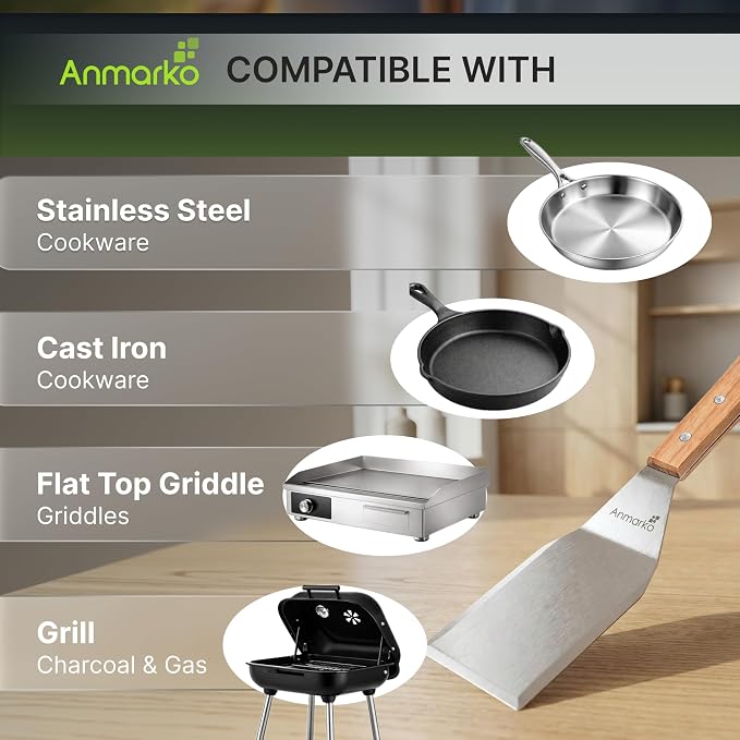 Professional Metal Spatula with Wooden Handle, Stainless Steel Griddle Scraper, Commercial Grade Pancake Flipper