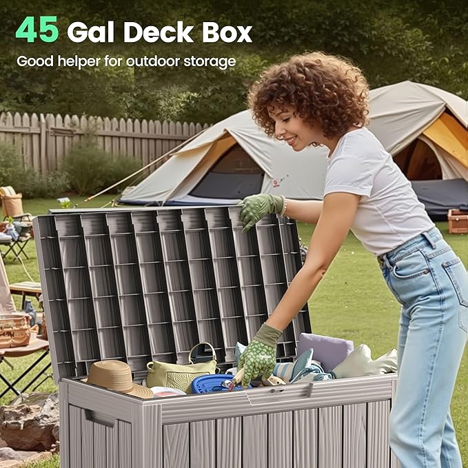 45 Gallon Outdoor Storage Box, Waterproof Resin Deck Box with Side Handles, Lockable Outdoor Bench for Indoor & Outdoor Use, Storage Bin for Patio Cushions, Garden Tools, Khaki