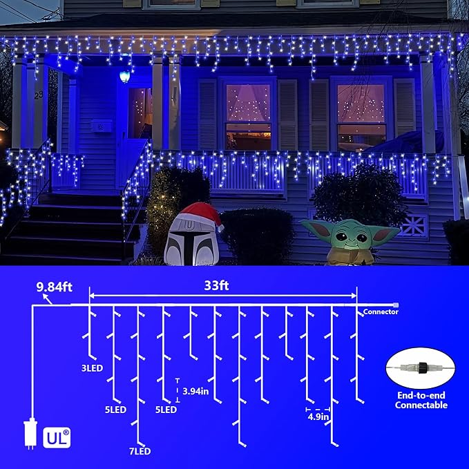 QITONG Blue and White Icicle Lights for Outside, 33ft 400 LED String Light Indoor Plug in, 8 Modes Connectable Icicle Christmas Light Clear Wire