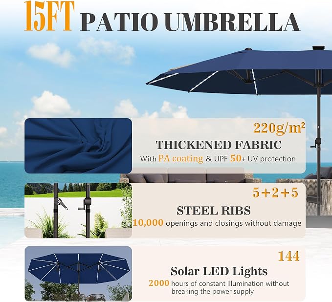 GDPFN 15ft Rectangular Patio Umbrella with Solar LED Lights, Double-Sided Outdoor Market Umbrella Extra Large Shade for Pool, Deck, Backyard, Garden, Navy Blue (Base Not Include)