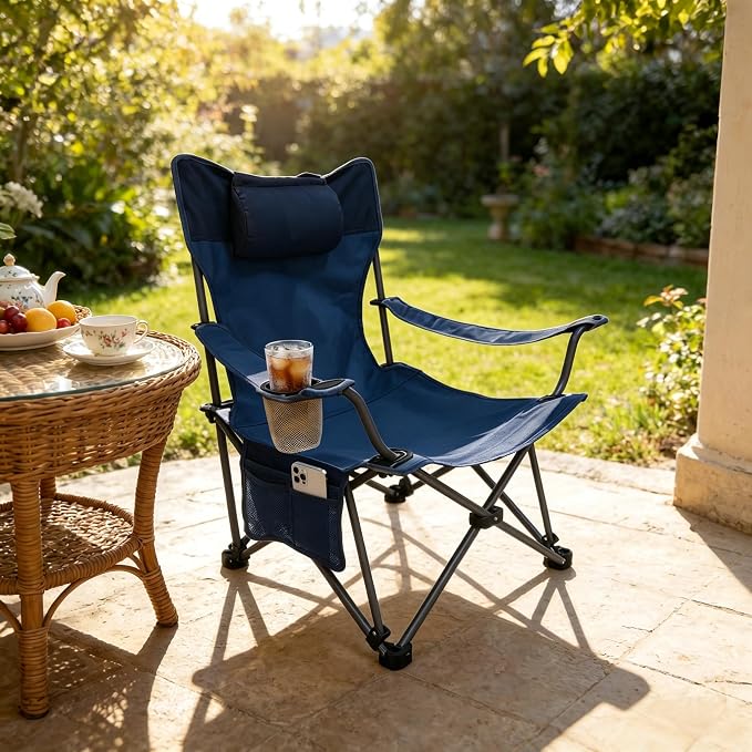 Adjustable Folding Beach Chair, Portable Camping Chair for Adults with Backrest, Reclining Outdoor Chair with Cup Holder & Pocket, Foldable Low Beach Chair for Camping, Picnic, Navy Blue