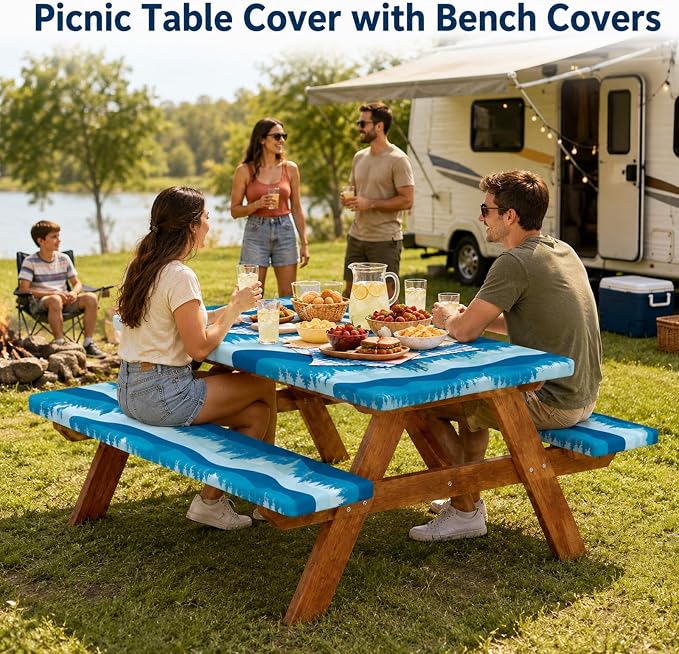Emwwat Picnic Table Cover with Bench Covers, Waterproof Elastic Corner Fitted Tablecloth for 6 Foot Rectangle Tables, Washable Camping Table Cover Set for Picnic Outdoor BBQ (Blue, 72in)