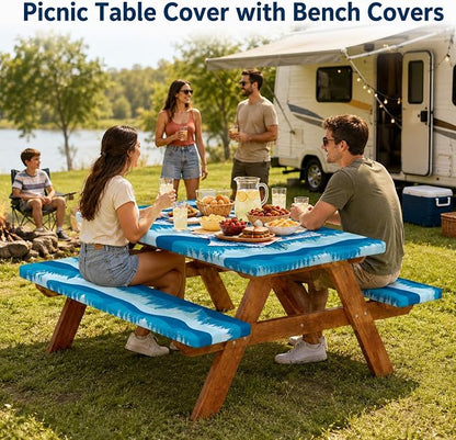Emwwat Picnic Table Cover with Bench Covers, Waterproof Elastic Corner Fitted Tablecloth for 6 Foot Rectangle Tables, Washable Camping Table Cover Set for Picnic Outdoor BBQ (Blue, 72in)