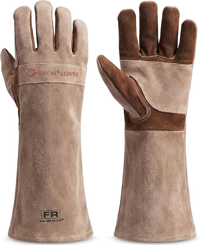 Leather Welding Gloves for Men – Long Fireproof & Heat Resistant Work Gloves for Welding, BBQ, Fireplace, Oven, Baking, Stove, Pot Handling, Yard Work, Thorn Proof (Brown, XXL)