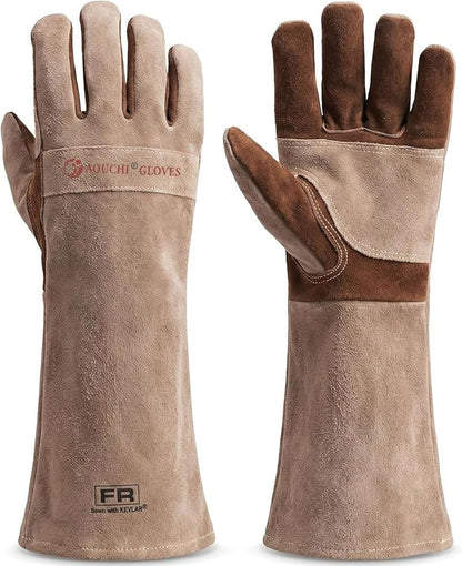Leather Welding Gloves for Men – Long Fireproof & Heat Resistant Work Gloves for Welding, BBQ, Fireplace, Oven, Baking, Stove, Pot Handling, Yard Work, Thorn Proof (Brown, XXL)