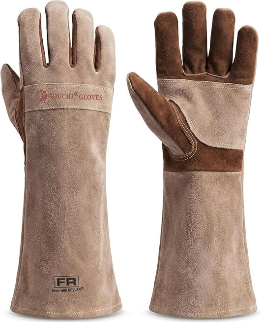 Leather Welding Gloves for Men – Long Fireproof & Heat Resistant Work Gloves for Welding, BBQ, Fireplace, Oven, Baking, Stove, Pot Handling, Yard Work, Thorn Proof (Brown, XXL)