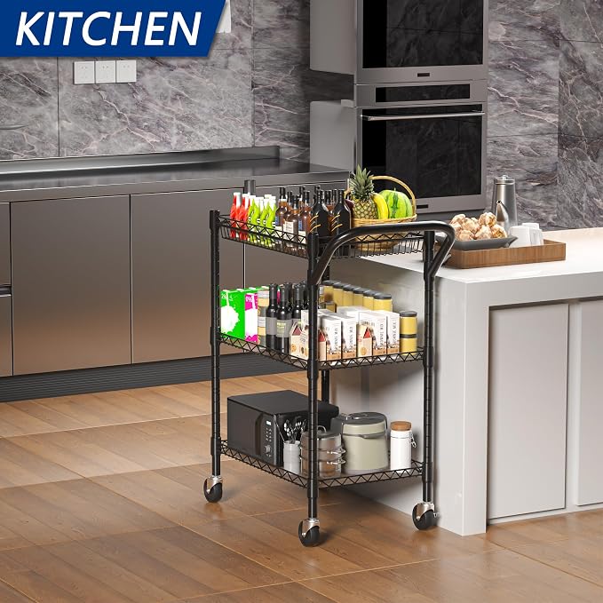 3 Tier Heavy Duty Rolling Utility Cart,18" D x 23.8" W x 36.6" H Rolling Carts with Wheels,Commercial Grade Metal with Handle Bar & Shelf Liner,Trolley Serving Storage Cart for Kitchen Black