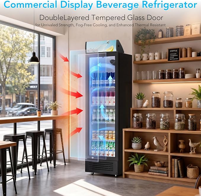 Electactic 9.1 Cu.Ft Commercial Refrigerators, Display Refrigerator with Double-Tempered Glass Door, Commercial Display Fridge with 4 Adjustable Shelves & LED Light, for Shops, Restaurants, Bars
