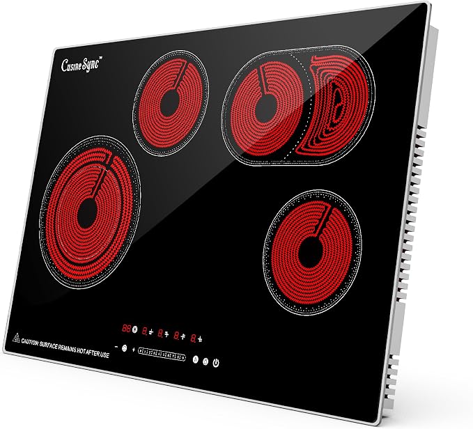30 Inch Electric Cooktop, 4 Burner Built-In Radiant Ceramic Stove Top | 30 inch built-in radiant ceramic cooktop, 4 burners, 220-240V hardwired, touch control, flat-bottom cookware.