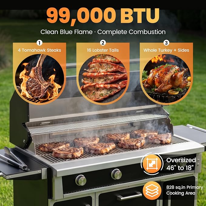 49" Stainless Steel Propane Gas Grill, 4 Burners & Infrared Burner, Black | 304 stainless steel 99,000 BTU Infrared burner Versatile cooking space Storage drawers Warming rack Versatile cooking space