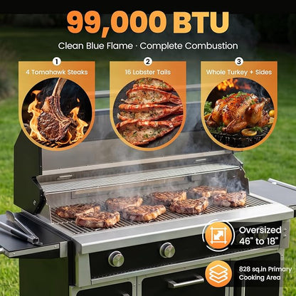 49" Stainless Steel Propane Gas Grill, 4 Burners & Infrared Burner, Black | 304 stainless steel 99,000 BTU Infrared burner Versatile cooking space Storage drawers Warming rack Versatile cooking space