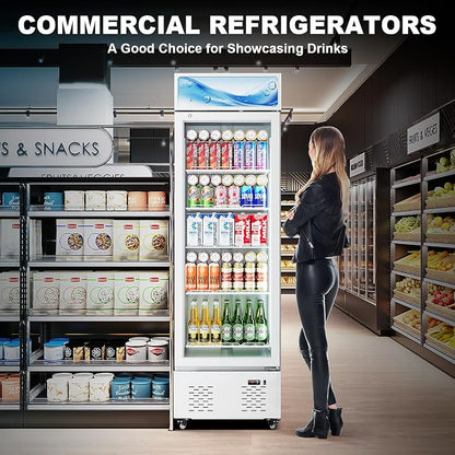 22.8'' W Commercial Beverage Refrigerator, 11 Cu.Ft Glass Door Drink Cooler with Soft Light and 5 Shelves, Display Refrigerator for Restaurant Store Cafe Bar, White
