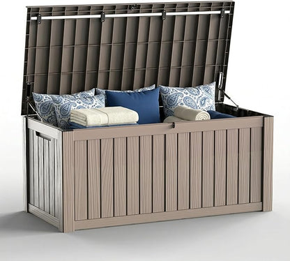 150 Gallon Large Outdoor Storage Box Waterproof, UV Resistant Resin Deck Box with Hydraulic Rod for Patio Furniture,Garden Tools,Cushions, Easy to Installl（Grey）