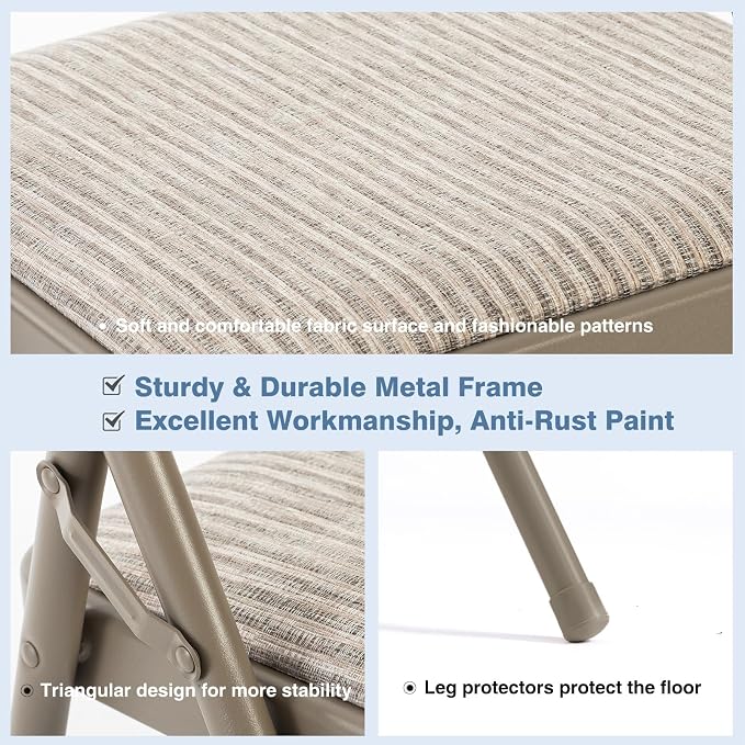 DUMOS 2 Pack Folding Chairs with Padded Cushion and Back - Fabric Stackable Portable Dining Chairs Set, for Home and Office, Conference, Wedding, Party, Patio, Garden, for Indoor Outdoor, Khaki