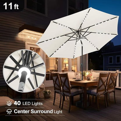 FLAME&SHADE Solar Patio Umbrella with a Centre Light, 11 FT Ivory | 40 LED Lights, UV Protection, Waterproof, Porch Deck Outdoor Umbrella for Pool, Backyard, Garden, Provides Evening Lighting