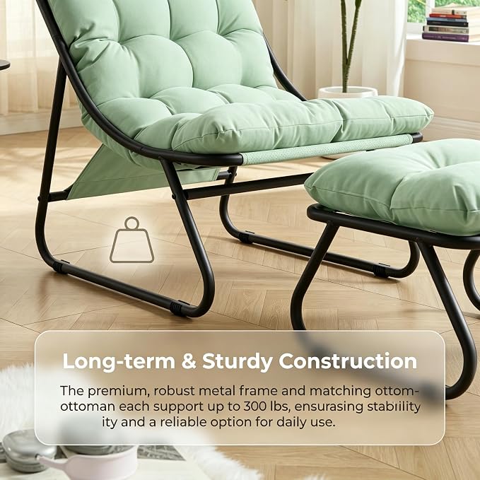 Rocking Chair with Ottoman, Modern Metal Frame Outdoor Rocker, Comfy Patio Lounge Chair with Footrest, Reading Glider Chairs for Living Room, Bedroom, Balcony, Garden, Relax, Light Green