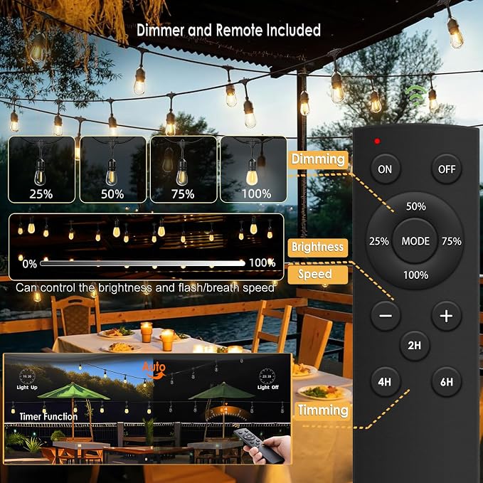 190FT Patio String Lights with Timer for Bistro Café Backyard 2Pack | Dimmable Outdoor String Lights with Remote,2/4/6H Timer
