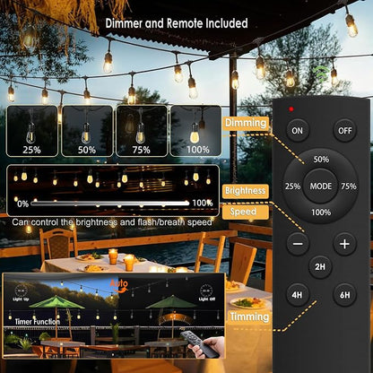 1Pack 150ft Outdoor String Lights with Remote Patio Lights 45+3 Bulbs | String lights for outside, 3 Lighting Modes&Dimmable&Timer