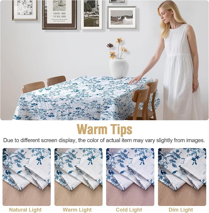 H.VERSAILTEX Linen Table Cloths Floral Printed Tablecloth Spill-Proof Waterproof Table Cover for Dining Buffet Feature Soft and Thick Fabric Wrinkle Free, 60 x 104 Inch, Retro Floral - Stone Blue