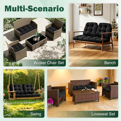 Outdoor Wicker Chair Cushions, 44×19×4 in, Waterproof, Black | Waterproof Wicker Furniture Cushions, Fade Resistant, 3 Piece Patio Furniture Cushions Set for Bench, Loveseat, Swing, Settee