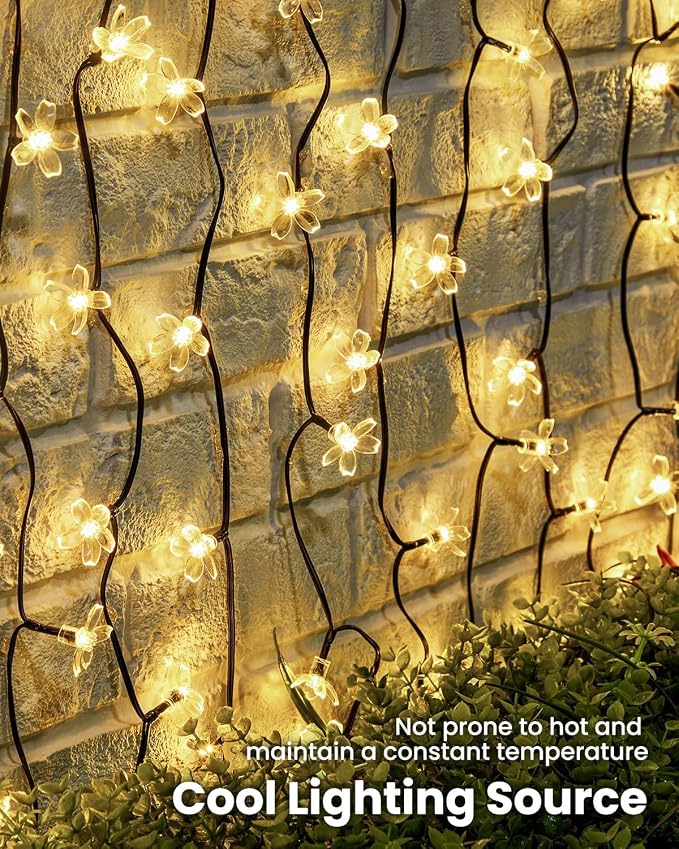 Brightown 60 LED Flower Solar String Lights Outdoor Waterproof, Fairy Lights for Garden Yard Fence Patio Christmas Tree Wedding Party Decor, Warm Whtie, 2 Pack