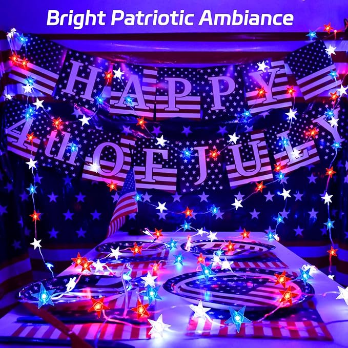 cshare 4th of July Lights Battery Operated, Red White and Blue Lights with Timer Outdoor Waterproof, 13ft 40LED Patriotic Star String Lights for Memorial Day Presidents Day Independence Day