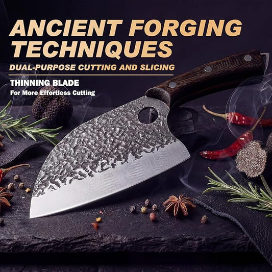 Butcher Knife, Hand Forged Serbian Chef Knife & Meat Cleaver & Viking Knife, Food Cutting Kitchen Knife for Home, Outdoor Cooking, Camping BBQ Gift for Men