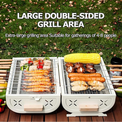 Charcoal Grill - Outdoor BBQ with Dual-Sided Cooking, for Camping, Festivals & Picnics, Compact Oil Drum Design for Easy Transport (White)