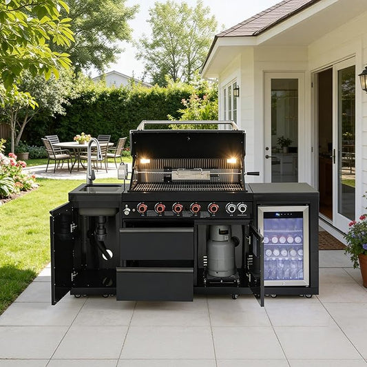 83" All-in-One Outdoor Kitchen Island,6 Burner Modular Kitchen with Grill Station Cabinetry,304 Stainless Black Granite, Sink, Fridge, BBQ Set for Patios & Backyards (Black,83 IN-Fridge))