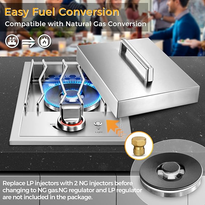 Grilling Side Burners for Outdoor Kitchen, 18,000BTU Liquid Propane Side Burner,Convertible to Nature Gas, Duty Heavy 304 Stainless Steel, Single Burner for BBQ Island Grill, Black