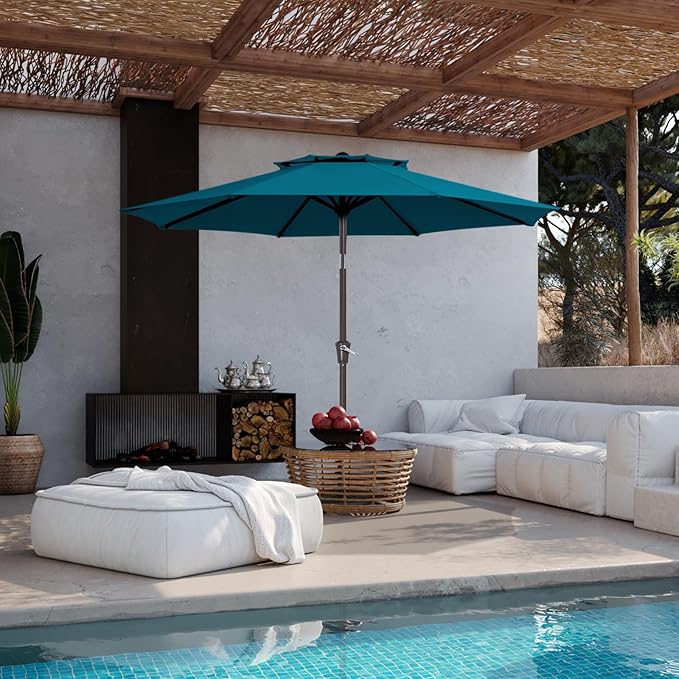 JEAREY 9' 2-Tiers Patio Umbrellas Outdoor Table Market Umbrella w/Push Button Tilt/Crank, 8 Sturdy Ribs, UV Protection Waterproof Sunproof(Cerulean)