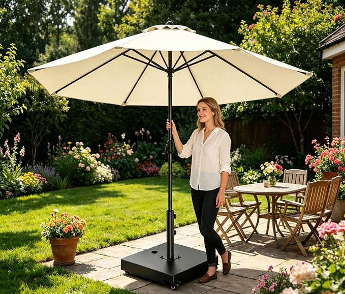 Metal Umbrella Base, 21 inch Heavy Duty Umbrella Stand with 4 Wheels | 140 lbs Max Capacity Fillable Base, 2 Locks & 2 Knobs, Rust-Resistant & Windproof Design for Outdoor, Patio, Poolside