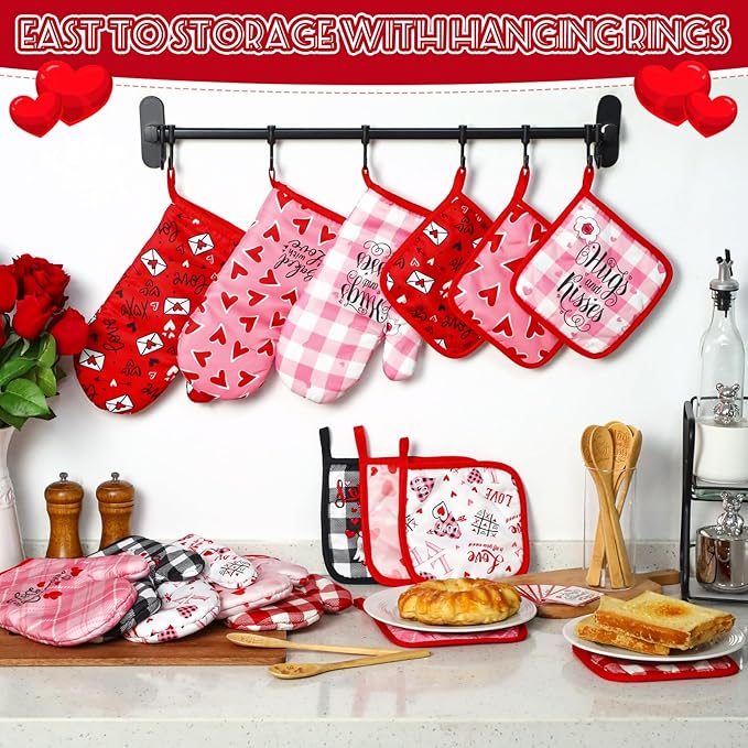 Suclain 32 Pcs Valentine's Day Oven Mitt and Pot Holders Valentine Baking Gift Set Cute Non Slip BBQ Gloves Kitchen Potholder Wooden Spoons and Cards for Women Valentine's Day Gift Cooking Baking