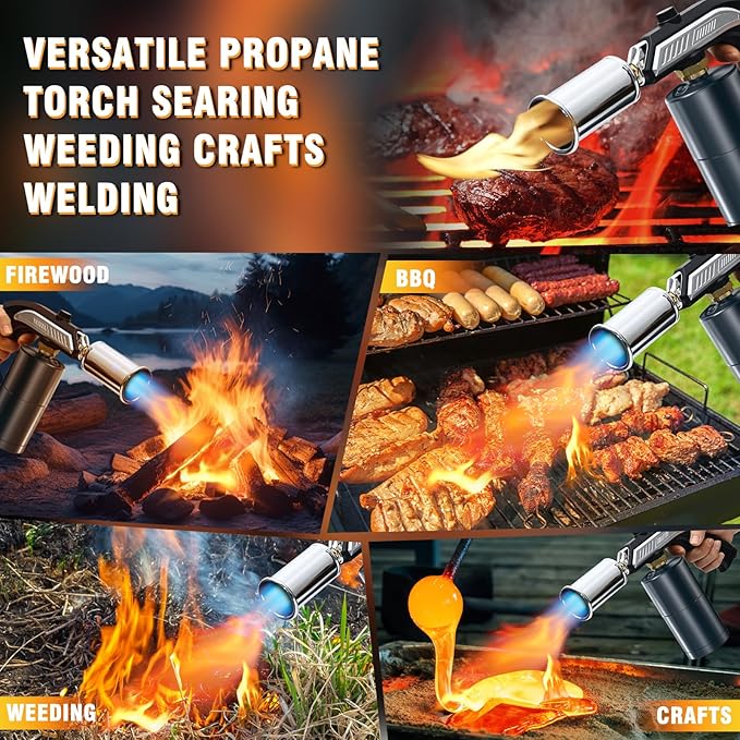 Powerful Grill & Cooking Propane Torch With a Safety Lock, Sous Vide, Welding Torch, Adjustable Wood Torch Burner for Searing Steak, BBQ, Campfire Starter,Black & Silve(Tank Not Included)
