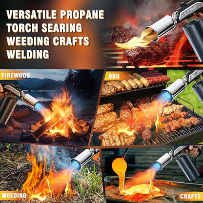 Powerful Grill & Cooking Propane Torch With a Safety Lock, Sous Vide, Welding Torch, Adjustable Wood Torch Burner for Searing Steak, BBQ, Campfire Starter,Black & Silve(Tank Not Included)