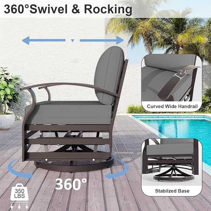 ALAULM Aluminum Patio Furniture Set with Coffee Table Rectangular, 7-seat Outdoor Sectional Furniture w/Swivel Chairs, Patio Conversation Set for Porch, Backyard, Poolside-Grey