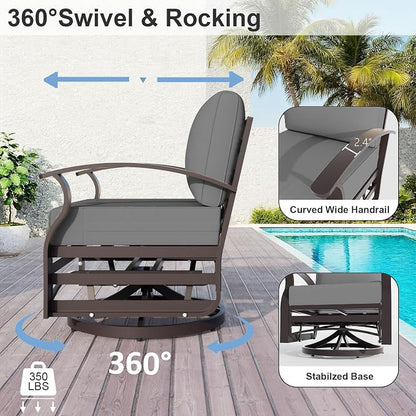 ALAULM Aluminum Patio Furniture Set with Coffee Table Rectangular, 6-seat Outdoor Sectional Furniture w/Swivel Chairs and 2 Ottomans, Patio Conversation Set for Porch, Backyard, Poolside-Grey