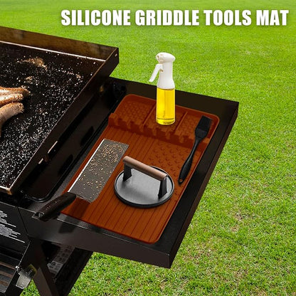 2 PCS Silicone Grill Mat Compatible with Blackstone, BBQ Griddle Tools Mat with Drip Pad, Spatula for Outdoor Kitchen Counter, Gifts for Men(brown-2)