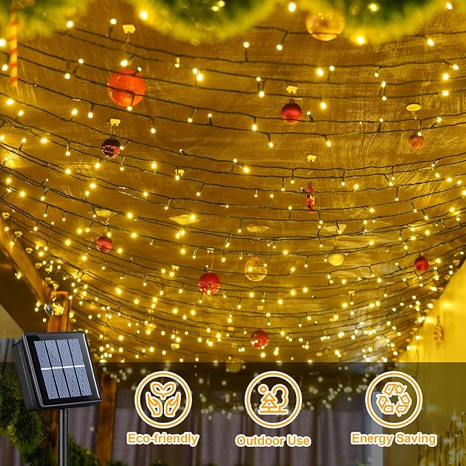 QITONG 2 Pack Warm White Solar String Lights, Each 66ft 200 LED Solar Fairy Lights Outdoor Waterproof, 8 Modes Green Wire Solar Twinkle Tree Lights for Outside