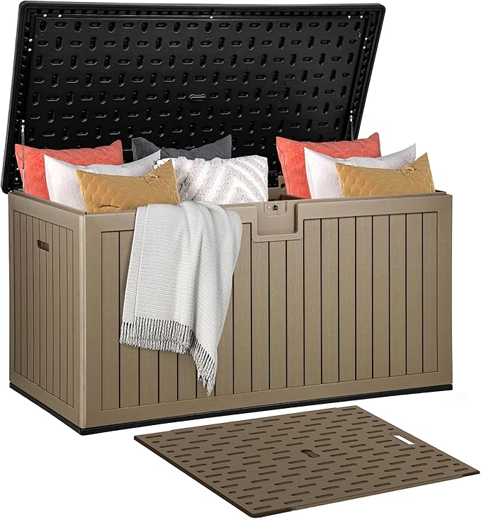 DWVO 260 Gallon Double-Wall Deck Box with Divider, XXL Extra Large Resin Outdoor Storage Box, Lockable & Waterproof, Double as Seating, 1000lbs Capacity (Black&Brown)