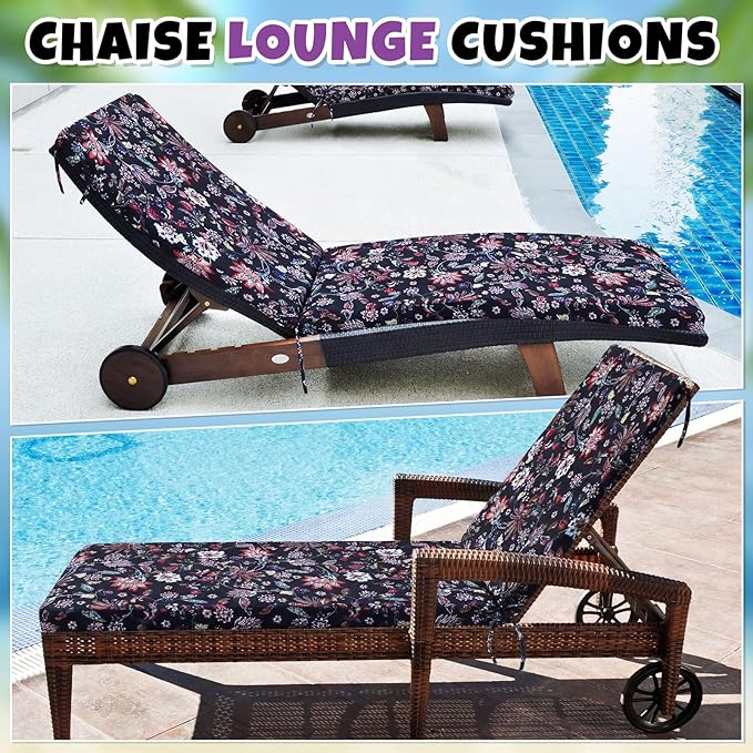 Youyole Outdoor Chaise Lounge Cushions Set of 2, 72 x 21 x 3 Inch Water-Resistant Fade-Resistant Floral Patio Lounge Chair Pads with Ties, Foam Recliner Replacement for Pool Deck