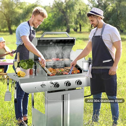 Electactic 3-Burner Propane Gas Grill with Side Burner, 34,000 BTU Stainless Steel BBQ Grill with Enameled Cast Iron Grates, Built-In Thermometer, Barbecue Grill for Outdoor Cooking, Patio, Tailgates