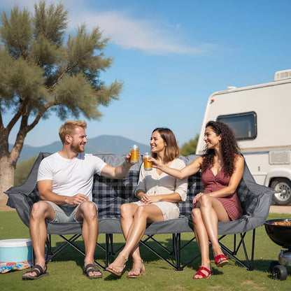 Huskfirm 3 Person Camping Chair Padded Loveseat Camping Chair Folding Grey | Camping Couch Portable Double Camping Chairs Heavy Duty Camp Chair for Adults Outdoor Lawn with Two Cup Holders and Carry Bag